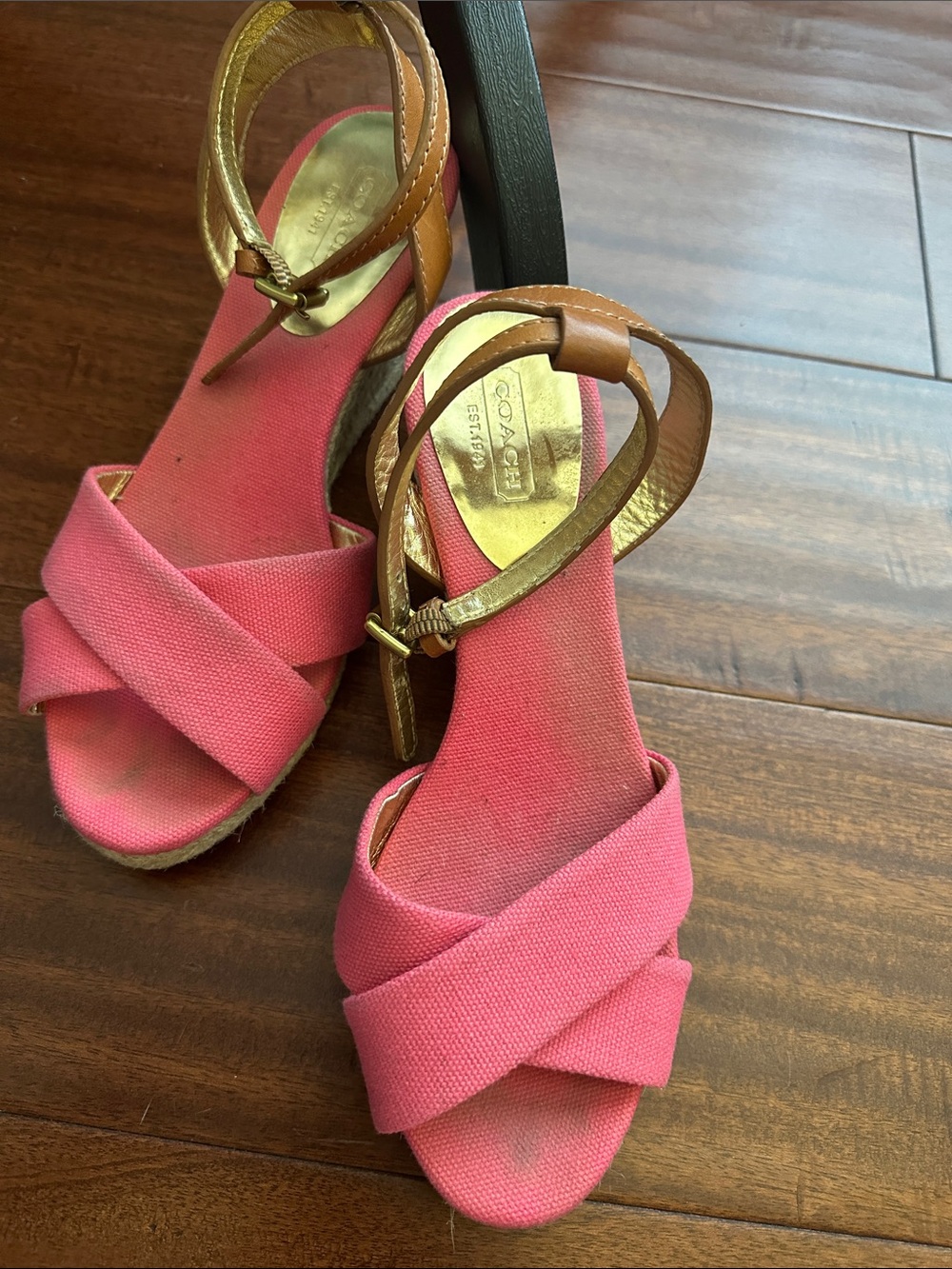 Coach Pink Canvas & Brown Leather Espadrille Wedge Sandals